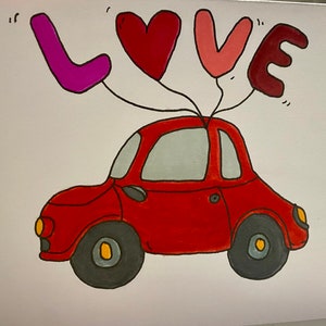 Grußkarte zum Valentinstag, rotes Auto mit Luftballons