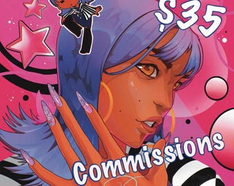 Puede incluir: Una ilustración digital de una persona con cabello azul, grandes aros dorados y uñas largas con purpurina. El fondo es rosa con círculos y estrellas negras. El texto dice $35, Commissions y Diva en una fuente cursiva.