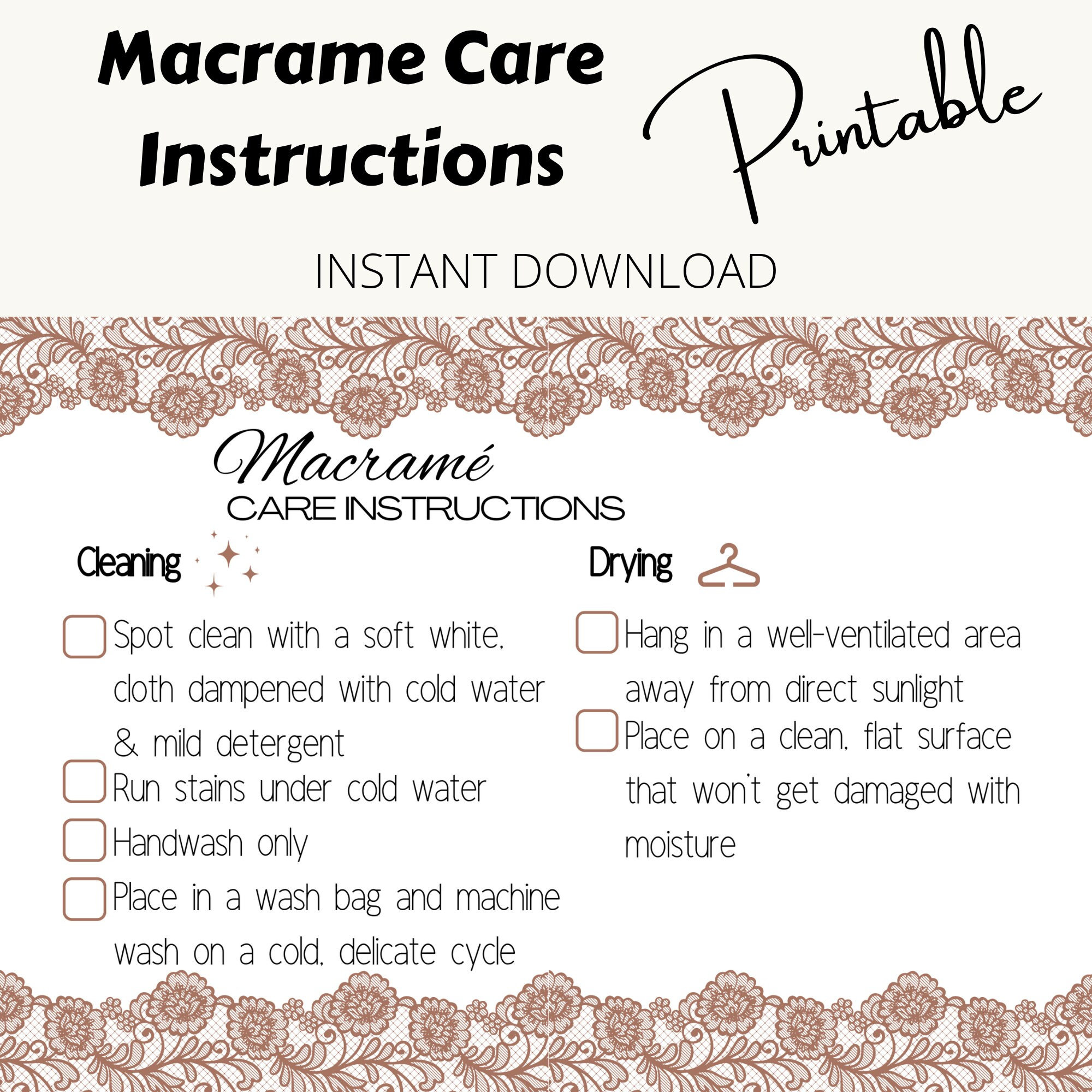 Macramé Care Card Instructions Printable PDF Pattern for Handmade Small