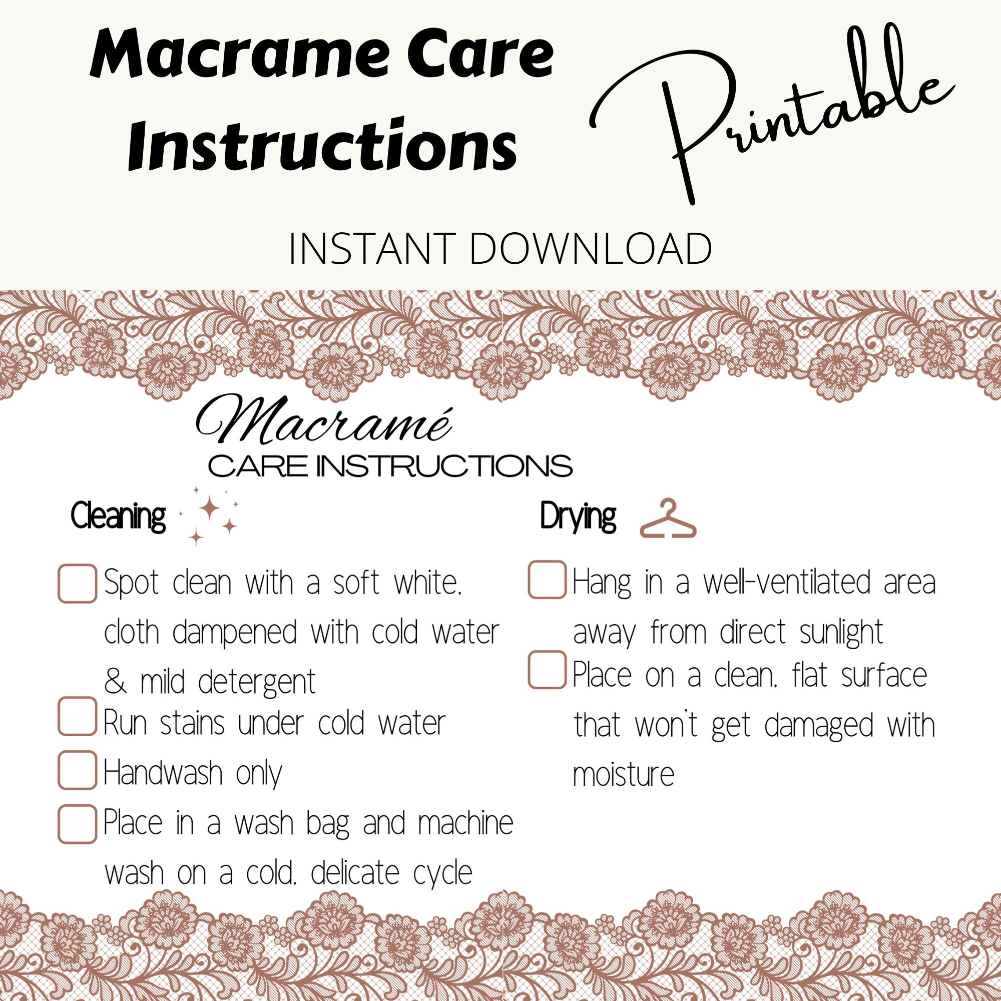 Macramé Care Card Instructions Printable PDF Pattern for - Etsy Canada