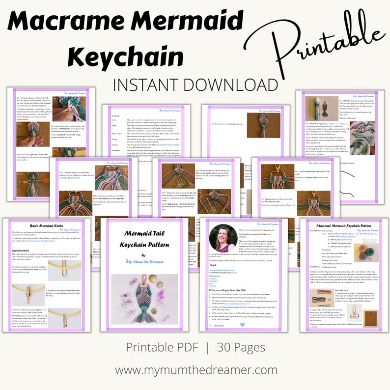 K&ouml;nnte beinhalten: Druckbarer PDF-Schnittmuster f&uuml;r einen Makramee-Meerjungfrauen-Schwanz-Schl&uuml;sselanh&auml;nger. Das Schnittmuster enth&auml;lt Anleitungen und Diagramme zum Erstellen des Schl&uuml;sselanh&auml;ngers sowie grundlegende Makramee-Knoten. Das Schnittmuster steht zum sofortigen Download bereit. Das Schnittmuster ist von My Mum The Dreamer.