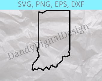 May include: A black and white outline of the state of Indiana. The outline is on a white background.