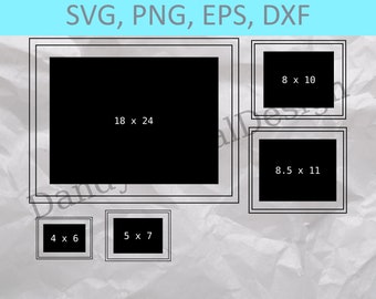 May include: An image featuring a collection of framed rectangles in various sizes: 4 x 6 inches, 5 x 7 inches, 8 x 10 inches, 8.5 x 11 inches, and 18 x 24 inches. The text "SVG, PNG, EPS, DXF" is at the top.