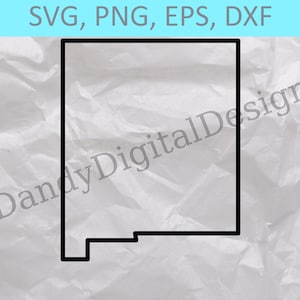 May include: Black and white outline of the state of New Mexico.  SVG, PNG, EPS, DXF