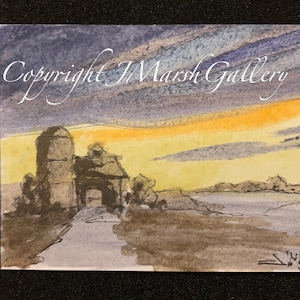 May include: Watercolor painting of a barn with a silo under a yellow and purple sunset sky. The painting is signed "W. Marsh" in the bottom right corner and includes the text "Copyright J. Marsh Gallery".