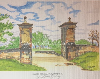 Spanish Pillars, St. Augustine, FL - 8x10 Fine Art Print - Line and Wash Watercolor