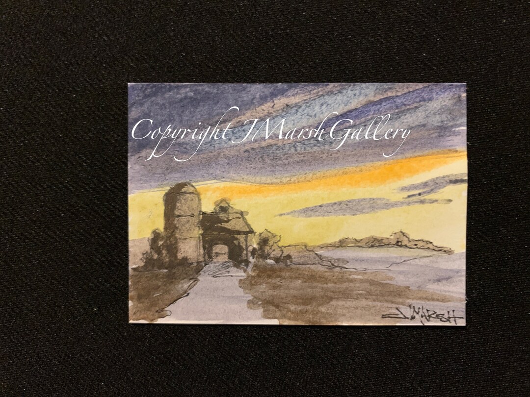 Barn and Silo at Sunset - Original Line and Wash Watercolor - 2.5 X 3.5 ...