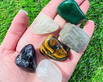 Può includere: Una collezione di sei pietre levigate, tra cui quarzo trasparente, occhio di tigre, ametista, pirite e aventurina verde. Le pietre sono disposte in una mano, con l'aventurina verde nella parte superiore.