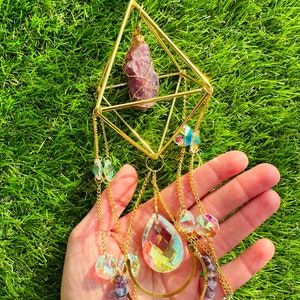 Handmade Raw Crystal Sun Catcher, Hanging Gold Crystal Prism, Boho Crystal Window Hanger, Christmas Gift, Genuine Raw Crystal Suncatcher