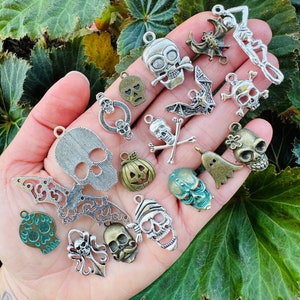 May include: A collection of silver and bronze Halloween-themed charms, including skulls, bats, ghosts, and a pumpkin. The charms are arranged on a hand, with green leaves in the background.