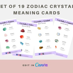 19 cartões de significado de cristal editáveis, cartões para impressão do zodíaco, inserções do zodíaco, cartões do zodíaco, digital do zodíaco, cartão de cristal para impressão