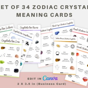 34 Cartões de significado de cristal editáveis, cartões imprimíveis do zodíaco, inserções do zodíaco, cartões do zodíaco, zodíaco digital, cartão de cristal imprimível