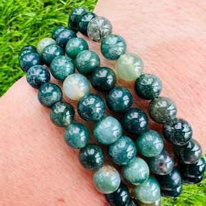 Moss Agate Bracelet, 6mm Moss Agate Bead Bracelet, Genuine Moss Agate Round Beaded Healing Crystal Bracelet