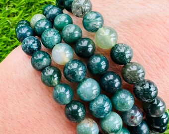 Moss Agate Bracelet, 6mm Moss Agate Bead Bracelet, Genuine Moss Agate Round Beaded Healing Crystal Bracelet