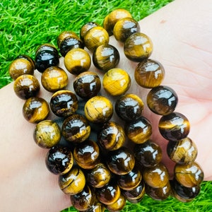 Tiger Eye Bracelet, 8mm Tiger Eye Bead Bracelet, Genuine Tiger Eye Round Beaded Healing Crystal Bracelet