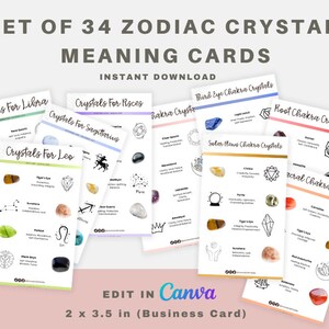34 Cartões de significado de cristal editáveis, cartões imprimíveis do zodíaco, inserções do zodíaco, cartões do zodíaco, zodíaco digital, cartão de cristal imprimível