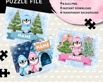 May include: Three sublimation puzzle designs featuring penguins and winter scenes. Each design includes a customizable name area. The designs are 8.5x11 inches and come with a transparent background.
