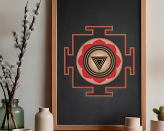 May include: A framed print featuring a geometric design with red, gold, and black elements. The artwork is displayed on a wooden surface, alongside decorative vases, a small potted cactus, and a gold-colored pendant light.