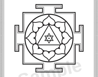 May include: Black and white geometric design with a central circle containing a triangle and star, surrounded by heart shapes. The design is framed with decorative borders and includes the word "Sample". Gray pennants are at the top.