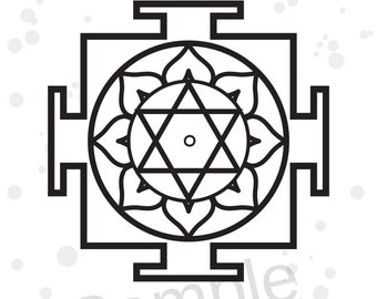 May include: Black and white illustration of a geometric design with a central star within a circle of petals, surrounded by a square frame. The word "Sample" is visible. Decorative swirls and dots frame the design on a white background.