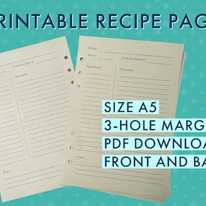 Druckbarer Rezeptbogen / Rezept Seite Vorlage / Für 3-Ring Rezeptmappen / Nachfüllseiten / A5 PDF