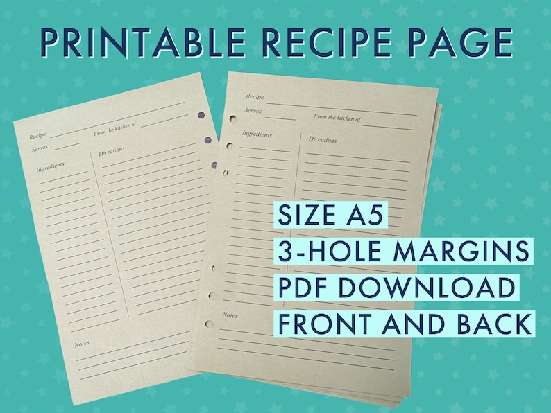 Printable Recipe Sheet / Recipe Page Template / for 3ring Recipe