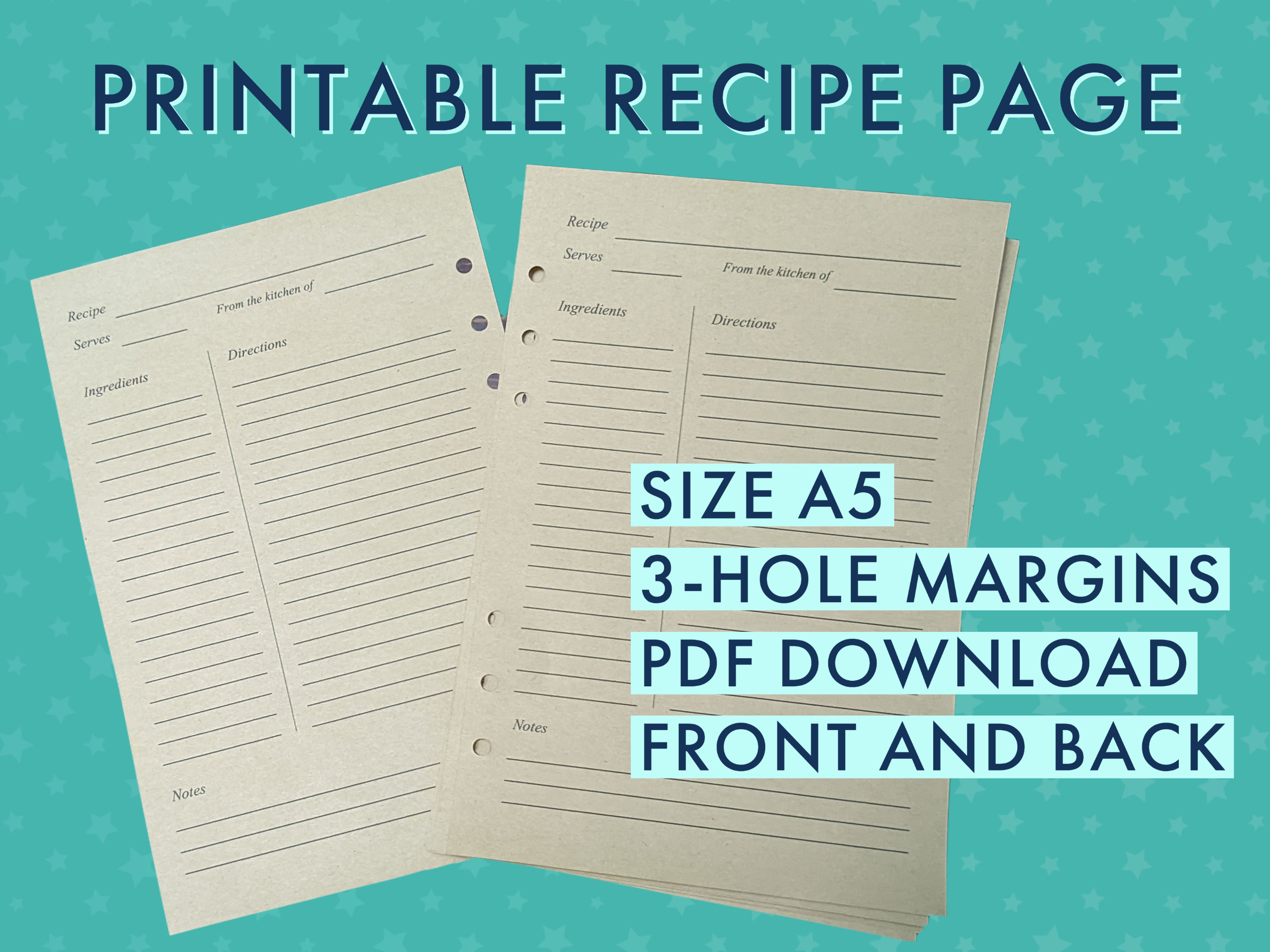 Printable Recipe Sheet / Recipe Page Template / for 3-ring Recipe ...