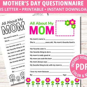 All About My Mom Mother&#39;s Day Activity, All About My Mom Kids Printable Coloring Page, Mother&#39;s Day Craft From Kids, Mothers Day Gift, PDF
