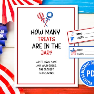 How Many Treats are In the Jar, Independence Day Candy Guessing Game Sign and Tickets, How Many Candies are in the Jar, Party Games for Fun