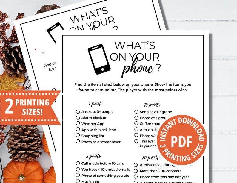 Whats On Your Phone Game, Whats In Your Phone Game, Printable Games, Cell Phone Game, Family Reunion Game, Office Party Game, Family Games image 1