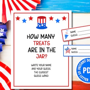 How Many Treats are In the Jar, Independence Day Candy Guessing Game Sign and Tickets, How Many Candies are in the Jar, Party Games for Fun