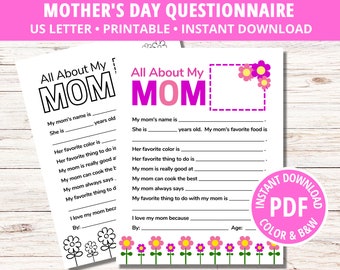 All About My Mom Mother's Day Questionnaire, Mother's Day Gift from Children, Mother's Day Gift, Fill in the Blank, Gift for Mom, Mom Gift