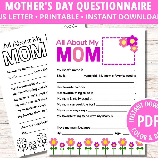 All About Mom Printable  Mother's Day Questionnaire, Mother's Day Gift from Children, Mother's Day Fill in the Blank, Gift for Mom, Mom Gift