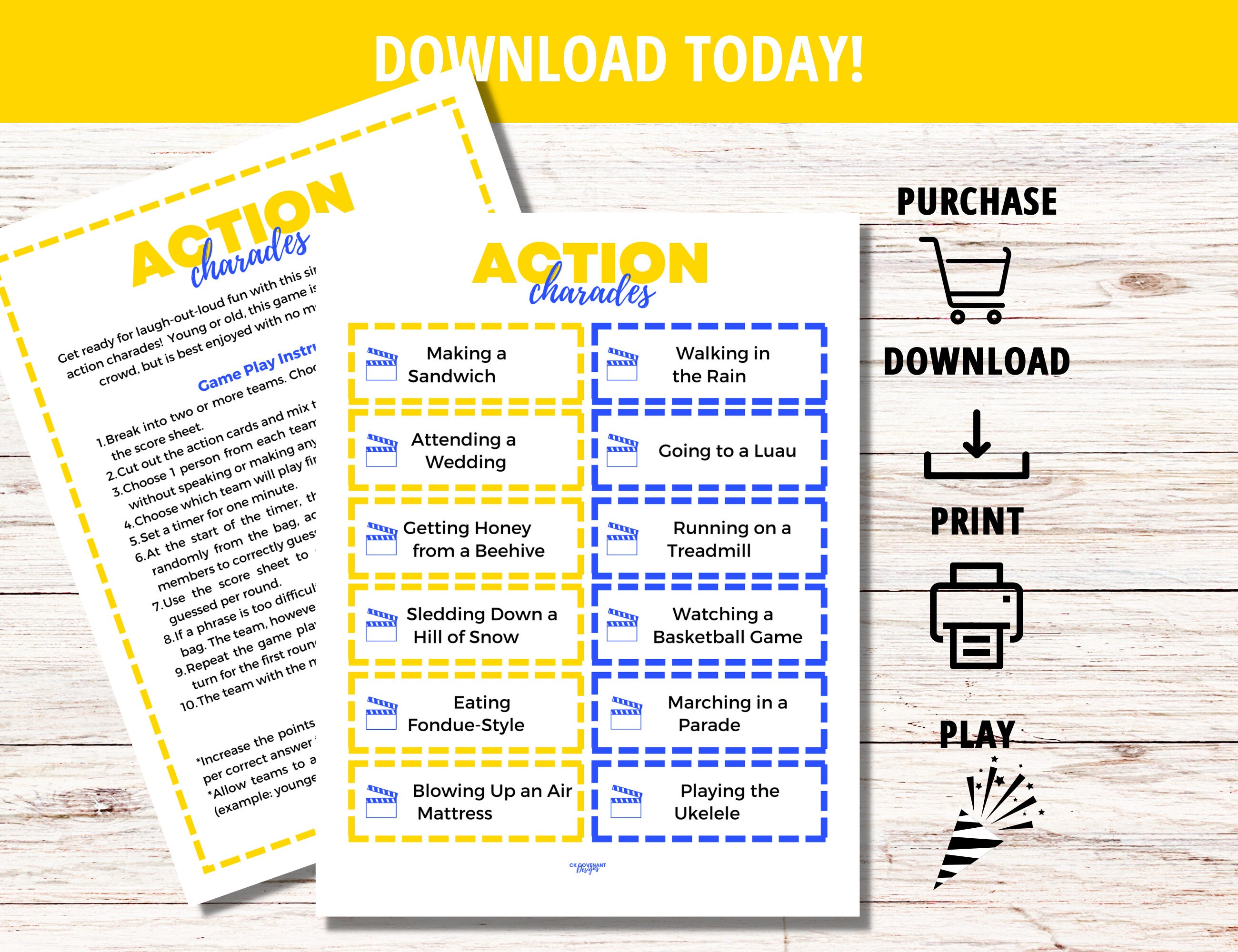Printable Charades, Charades Cards,charades Action Cards, Party Game ...