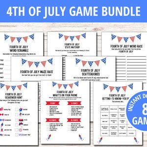 Paquete de juegos imprimibles del 4 de julio, juegos de fiesta del 4 de julio, descarga instantánea en PDF del 4 de julio