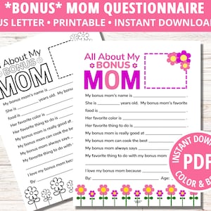 All About My Bonus Mom, Mother&#39;s Day Gift, All About My Mom Printable, Bonus Mom Gift, Fill in the Blank, Gifts Bonus Mom,  Gifts for Mom