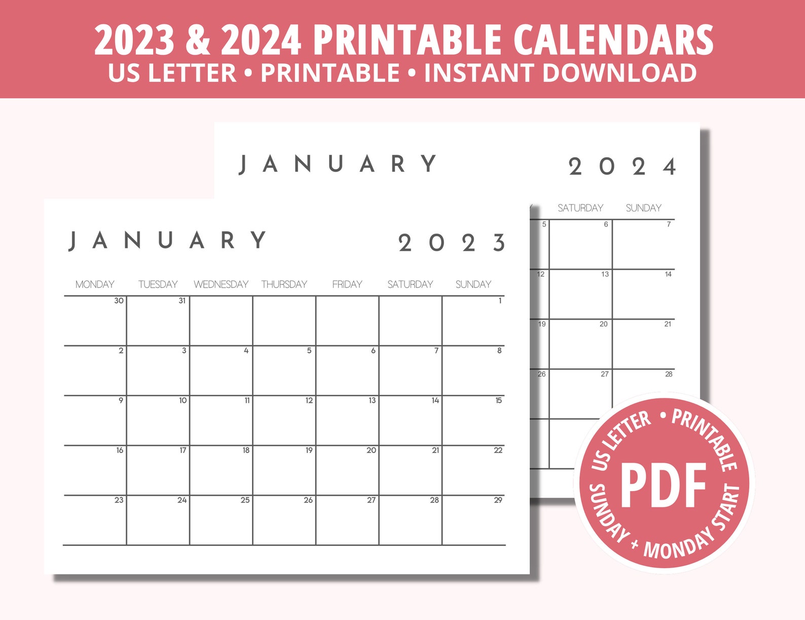 Calendar Printable 2023 Calendar 2024 Calendar Horizonal - Etsy UK