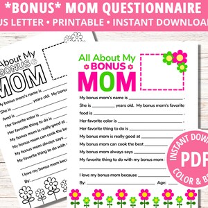 All About My Bonus Mom, Mother&#39;s Day Gift, All About My Mom Printable, Bonus Mom Gift, Fill in the Blank, Gifts Bonus Mom,  Gifts for Mom