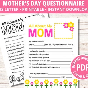 All About My Mom Mother&#39;s Day Activity, All About My Mom Kids Printable Coloring Page, Mother&#39;s Day Craft From Kids, Mothers Day Gift, PDF
