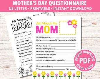 All About My Mom Mother's Day Activity, All About My Mom Kids Printable Coloring Page, Mother's Day Craft From Kids, Mothers Day Gift, PDF