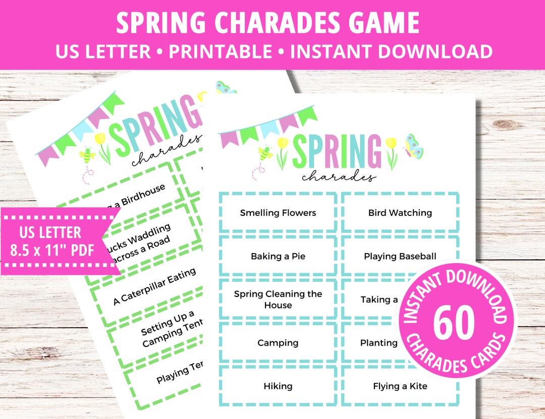 Printable Charades, Charades Cards, Spring Charades Action Cards, Party ...