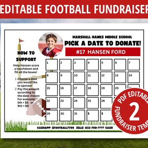 Zbiórka funduszy na piłkę nożną, edytowalna, wybierz datę, aby przekazać darowiznę, do wydrukowania, zbiórka funduszy na piłkę nożną, wypełnij moją tablicę, edytowalny szablon kalendarza sportowego, sport