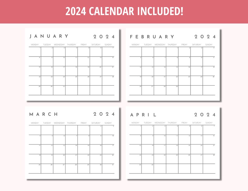 Calendar Printable 2023 Calendar 2024 Calendar Horizonal - Etsy UK