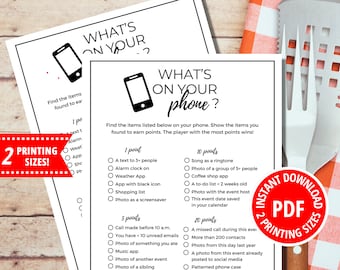 What’s On Your Phone Game, What’s In Your Phone Game, Printable Games, Cell Phone Game, Family Reunion Game, Office Party Game, Family Games