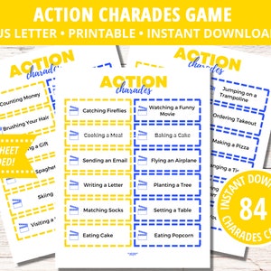 Printable Charades, Charades Cards,Charades Action Cards, Party Game, Family Games, Group Printable Charades, Printable Group Games, PDF