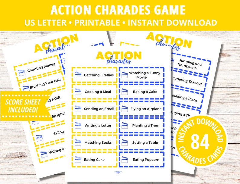Printable Charades, Charades Cards,charades Action Cards, Party Game ...