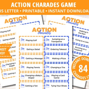 Afdrukbare Charades, Charades-kaarten, Charades-actiekaarten, gezelschapsspel, familiespellen, groepsafdrukbare Charades, afdrukbare groepsspellen, PDF