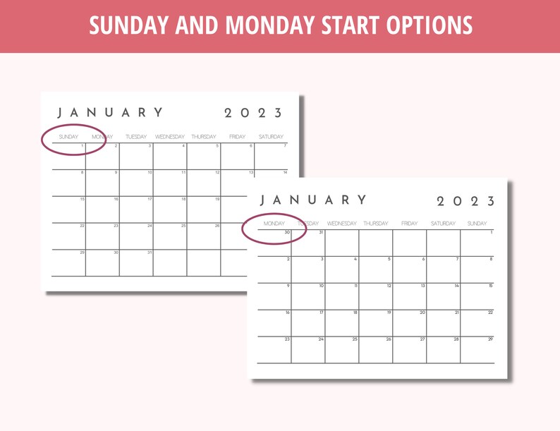 Calendar Printable 2023 Calendar 2024 Calendar Horizonal - Etsy UK