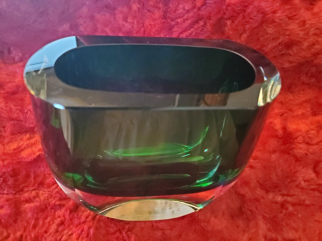 Vintage San Carlos Block Crystal Vase, Green Sommerso Art Glass Vase