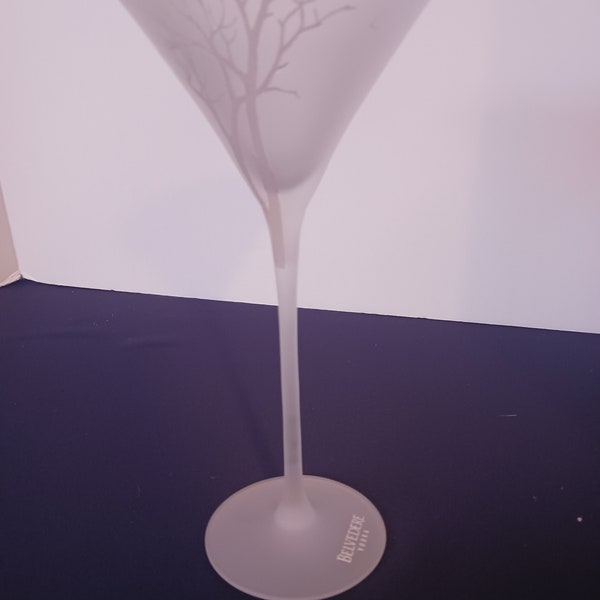 Tall Belvedere Vodka Promo Martini Glass.  Frosted Glass, EUC. Tree Design, White on Clear, Name Etched, Vintage, 90s, Barware Cabinet Decor